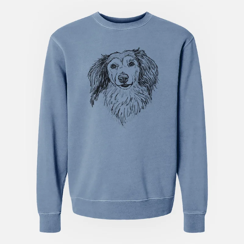 Doodled Bentley the Long Haired Dachshund - Unisex Pigment Dyed Crew Sweatshirt