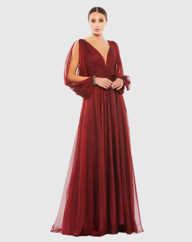 Red Chiffon Open Sleeve A Line Gown