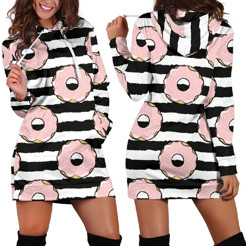 Donuts Pink Icing Striped Pattern Women'S Hoodie Dress