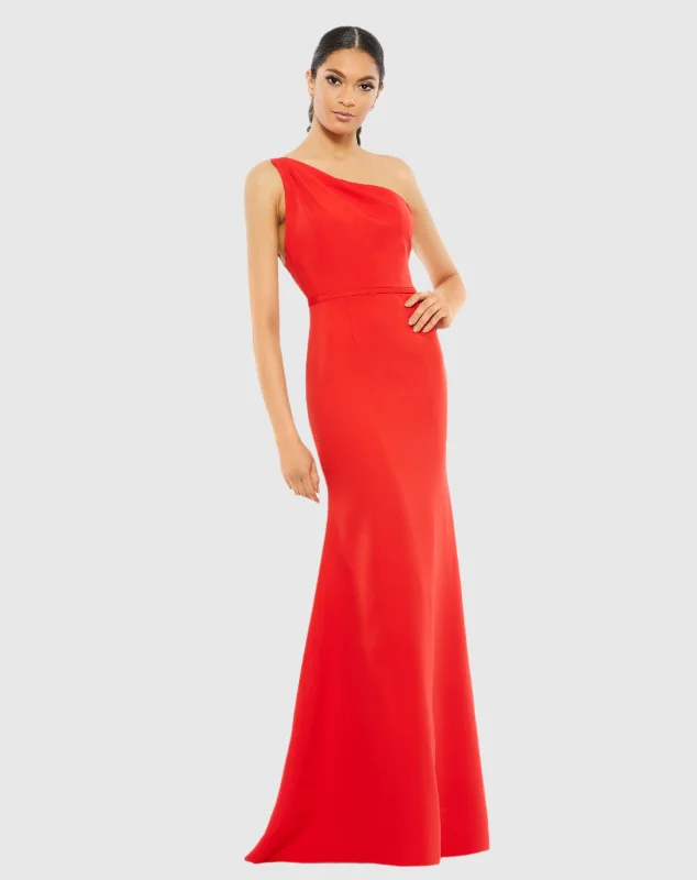 Red One Shoulder Jersey Mermaid Gown