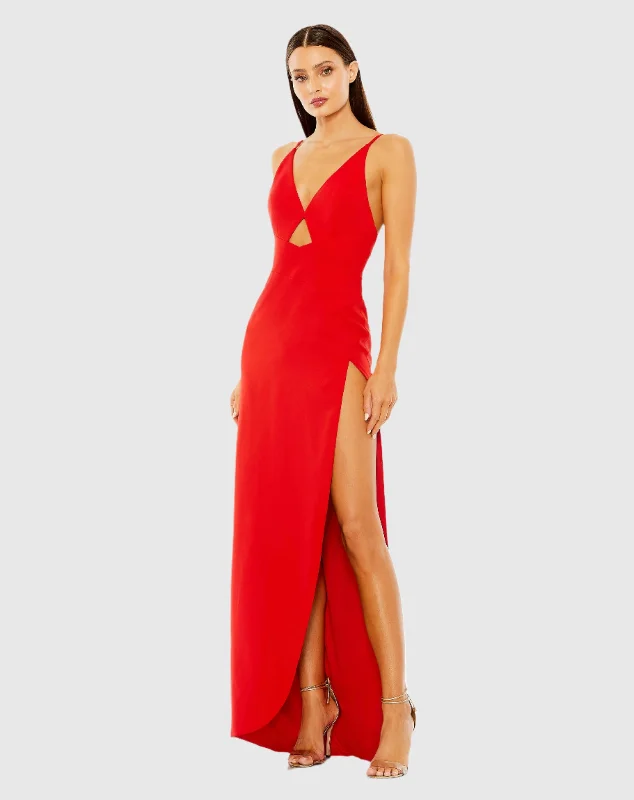 Thin Strap Cutout High Slit V-Neck Gown