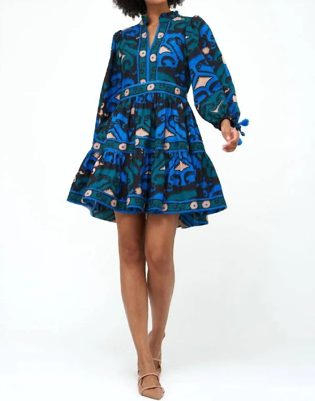 Long Sleeve Yoke Dress In Uzbek/blue