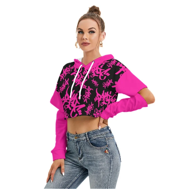 PINK/BLACK TAG ALL-OVER PRINT CROP HOODIE OPEN ELBOW