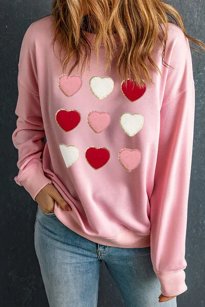 Heart Round Neck Dropped Shoulder Ladies Sweatshirt