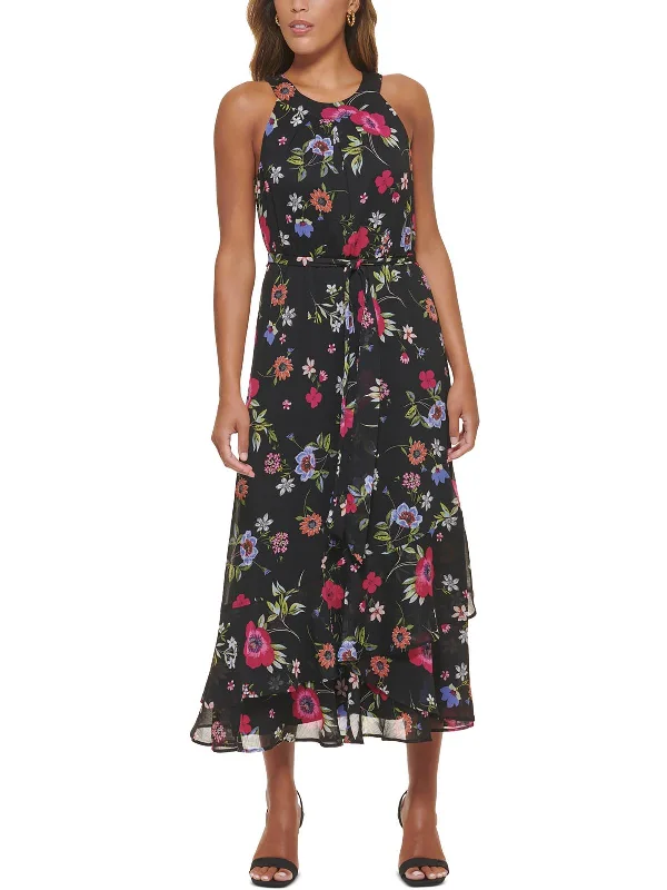 Petites Womens Floral Midi Halter Dress