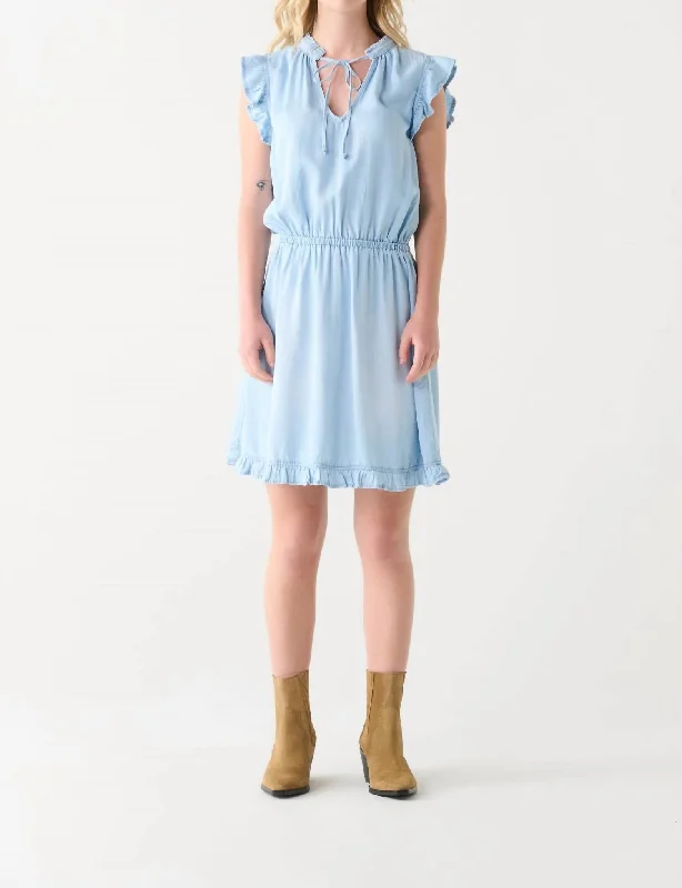 Ruffle Trim Knee Length Tencel Dress In Blue