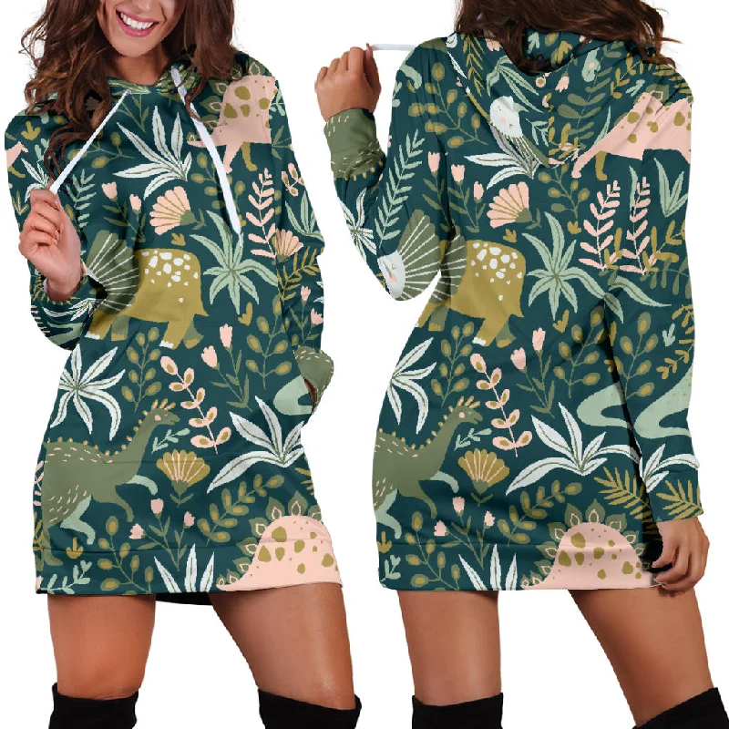 Dinosaurs Tropical Leaves Flower Pattern Women'S Hoodie Dress