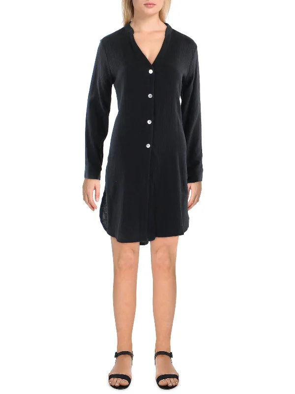 Womens Asymmetrical Hem Banded Collar Tunic Dress