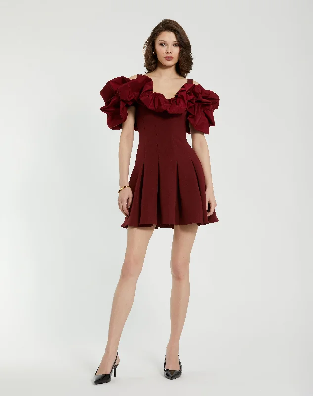 Red Crepe Godet Hem Mini Dress With Faille Ruffle