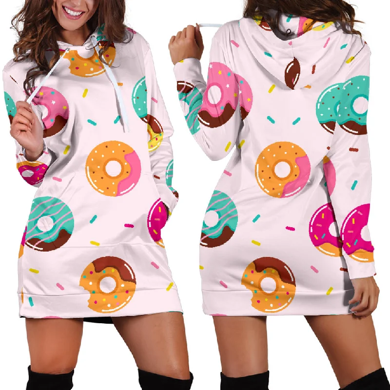 Donut Pattern Glaze Pink Background Women'S Hoodie Dress