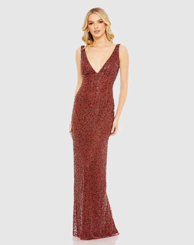 Sleeveless Sequined V-Neck Gown