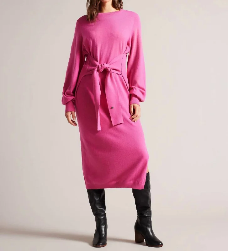 Essya Slouchy Tie Front Midi Knit Sweater Dress In Pink