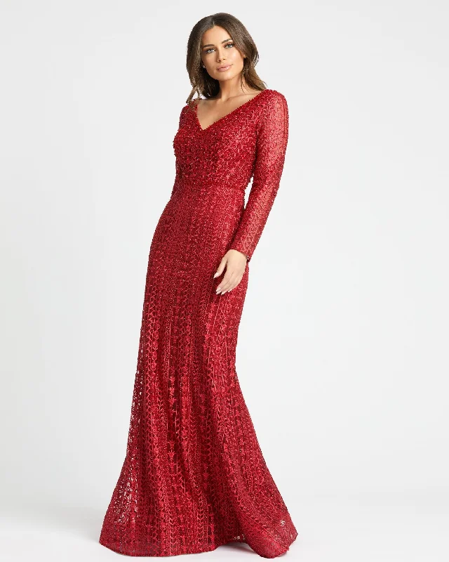 Red Embroidered Long Sleeve V Neck Trumpet Gown