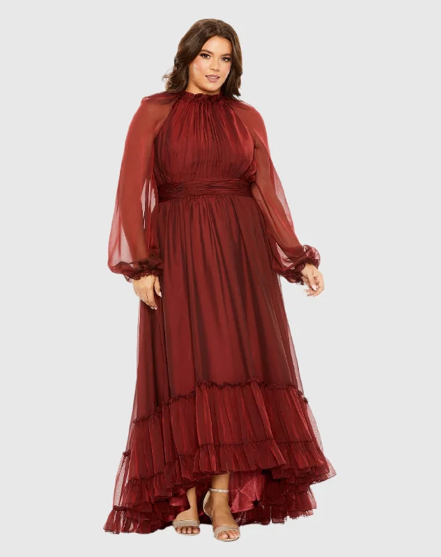 Red Puff Sleeve w/ Embellished Cuff Mock Neck A Line Gown