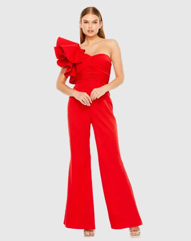 Red One Shoulder Ruffle Detail Flare Pant Jumpsuit