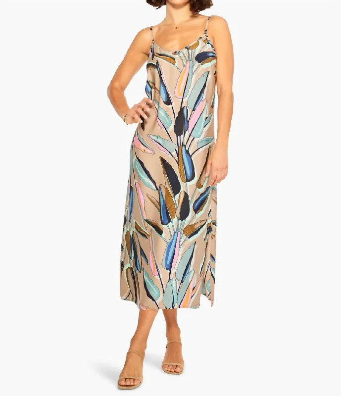 Banana Leaves Slip Dress In Aqua Multi