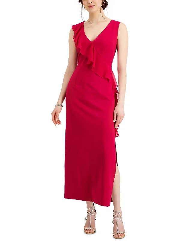 Petites Womens Ruffled Long Evening Dress