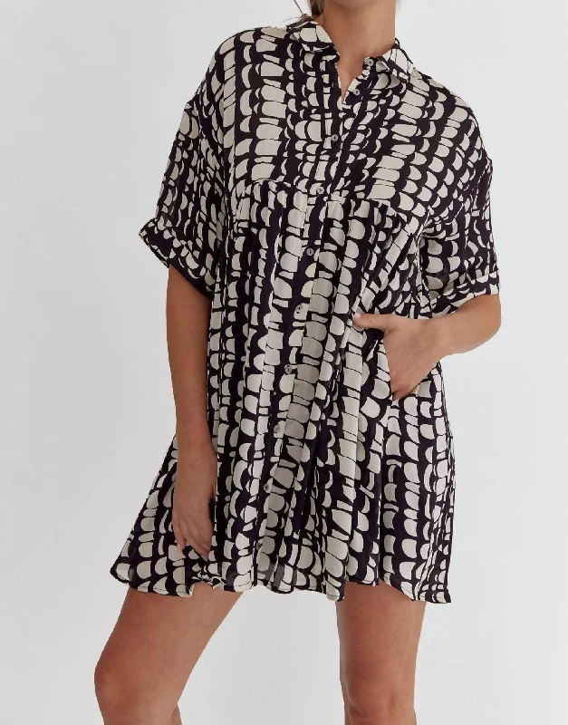 Satin Printed Shirt Dress In Black