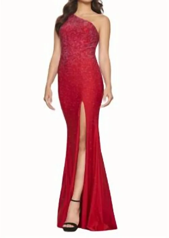 One Shoulder Hot Stone Gown In Red