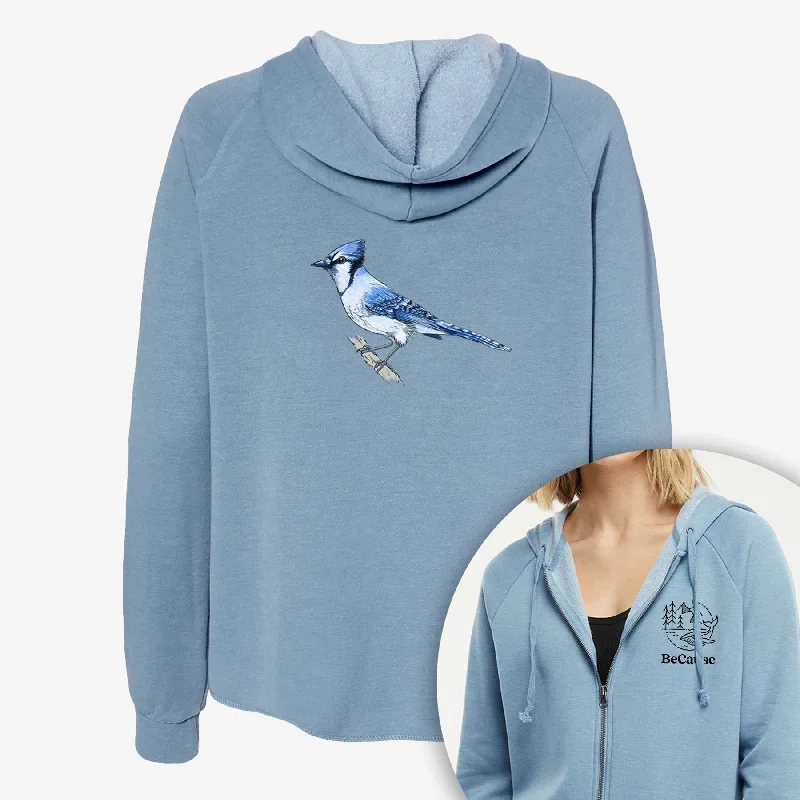 Vibrant Blue Jay - Cyanocitta cristata - Women's Cali Wave Zip-Up Sweatshirt