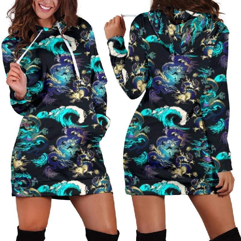 Dragon Sea Wave Pattern Women'S Hoodie Dress