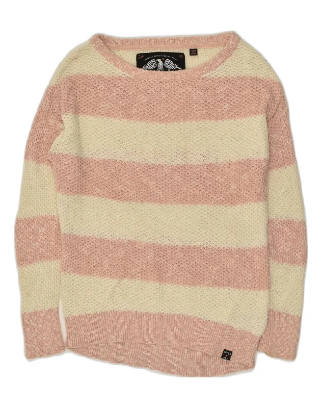 SUPERDRY Womens Boat Neck Jumper Sweater UK 10 Small Beige Striped Nylon