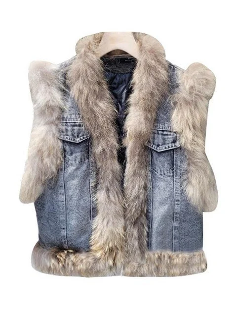 Stand-up collar sleeveless denim thick fox fur vest