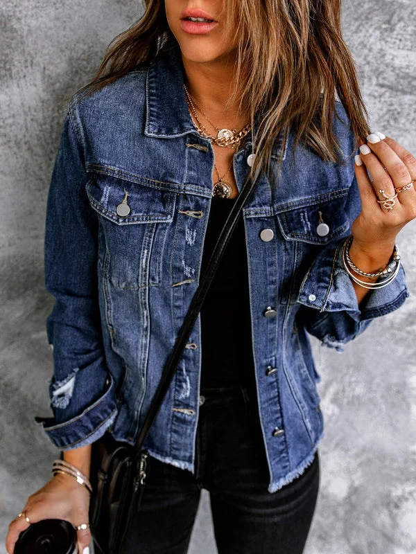 Women Fashion Ripped Raw Hem Slim Denim Jacket