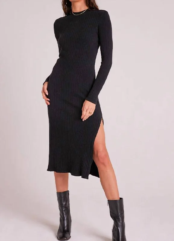 Mock Neck Midi Knit Dress In Black