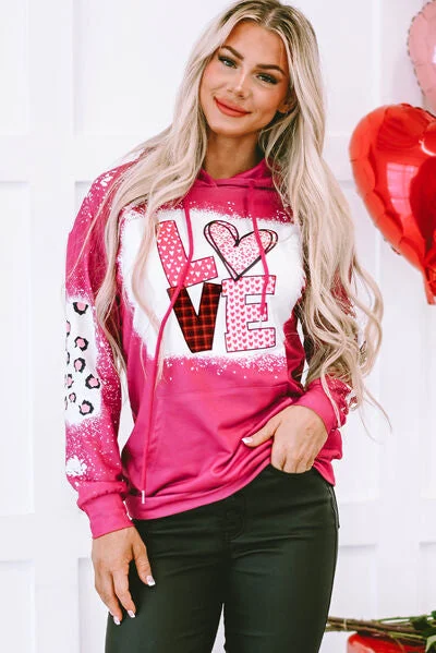 LOVE Heart Bleached Drawstring Ladies Hoodie