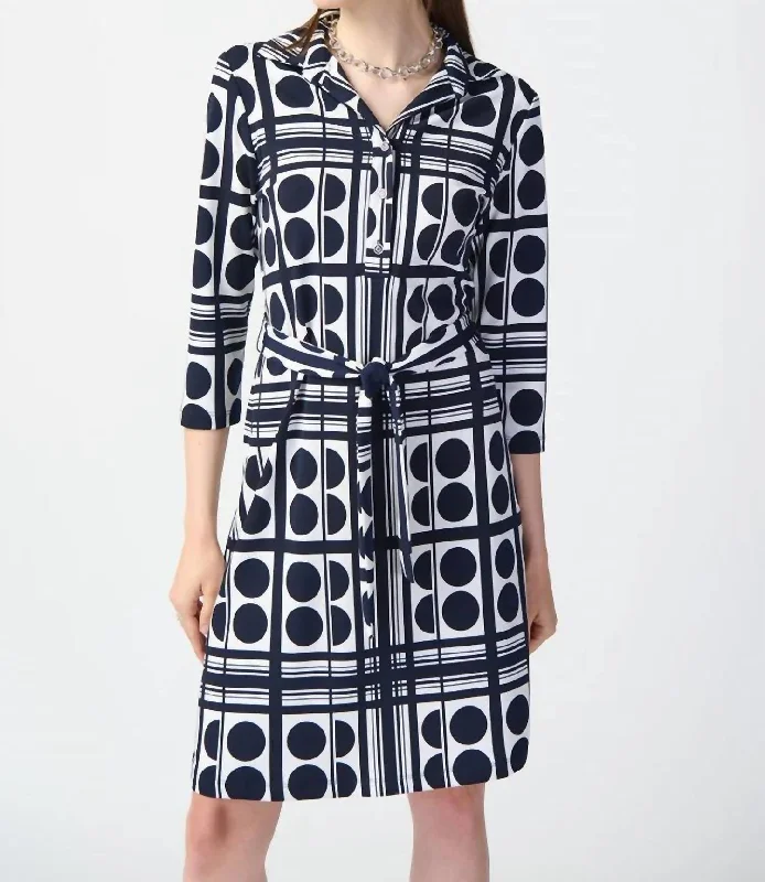 Dot Print Silky Knit Belted Shirt Dress In Vanilla/midblue