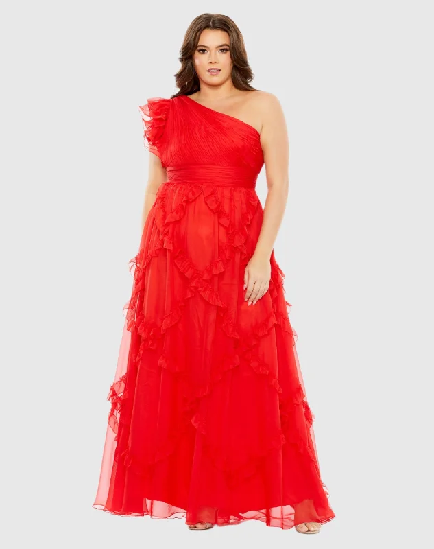 Ruffled One Shoulder Ruched Gown