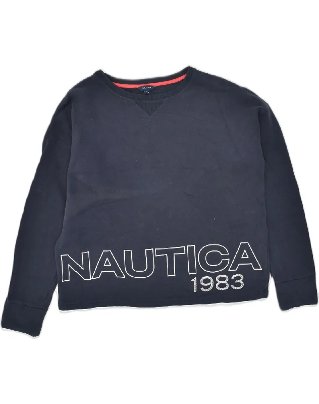 NAUTICA Womens Graphic Sweatshirt Jumper UK 14 Medium Navy Blue Cotton