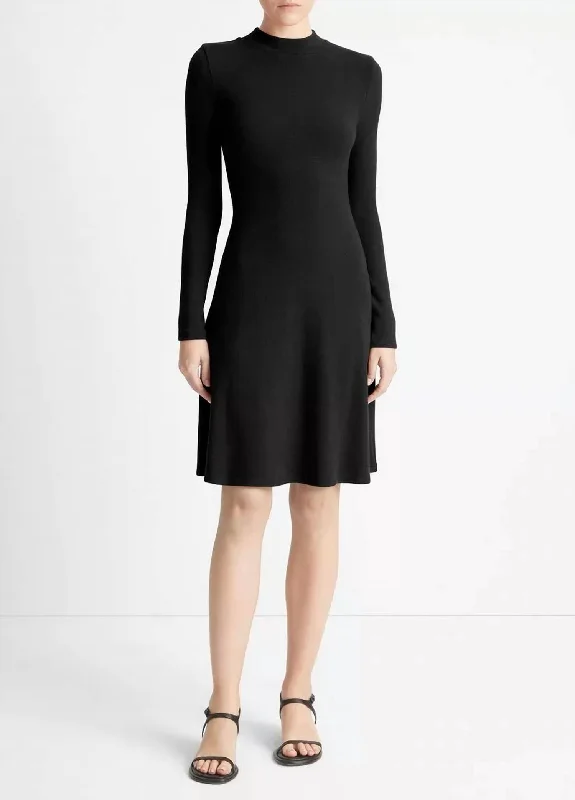 Mock Neck Long Sleeve Dress In Black