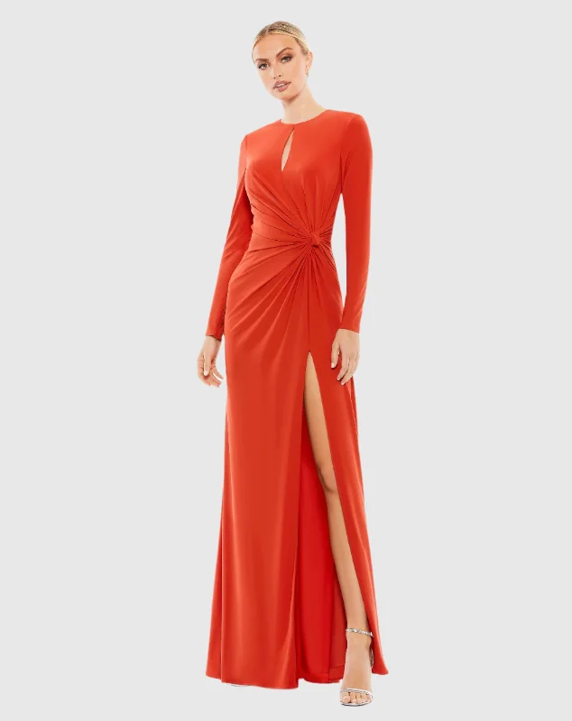 Red Long Sleeve Keyhole Draped Gown