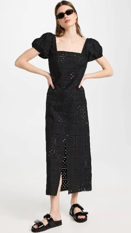 Broderie Anglaise Midi Dress In Black