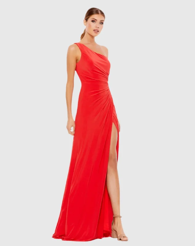 Red One Shoulder Ruched Jersey Evening Gown