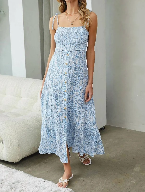 Floral Paisley Print Midi Dress In Blue