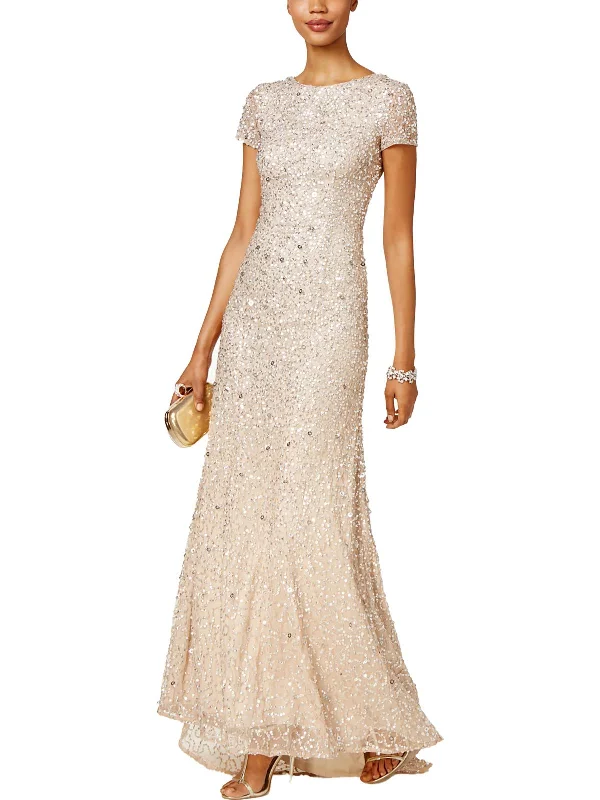 Petites Womens Sequined Long Evening Dress