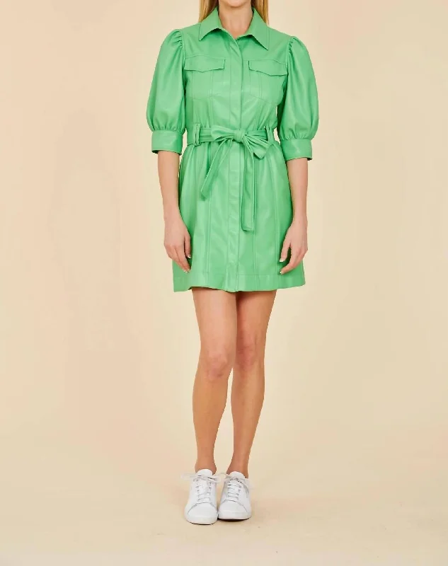 Faux Leather Belted Dress In Kelly Green