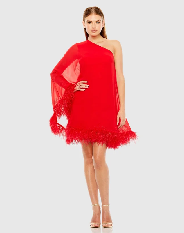 Red One Shoulder Trapeze Dress with Feather Trim