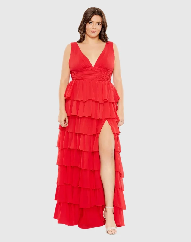 Red Ruffle Tiered Sleeveless V Neck Gown (Plus)