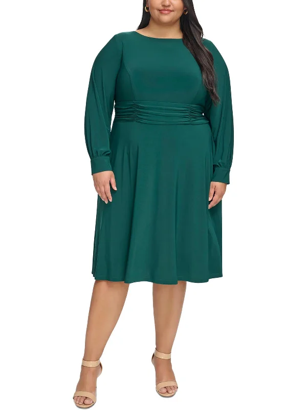 Plus Womens Ruched Long Sleeve Midi Dress