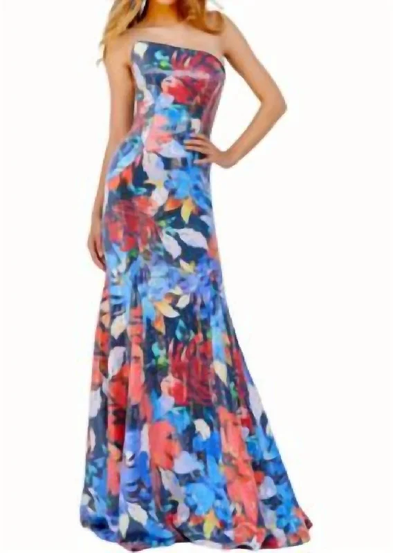 Strapless Floral Gown In Multi