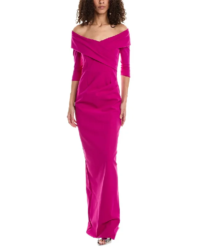 Teri Jon by Rickie Freeman Off-Shoulder Scuba Side Drape Gown