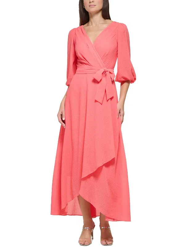 Womens Faux Wrap Mid-Calf Wrap Dress