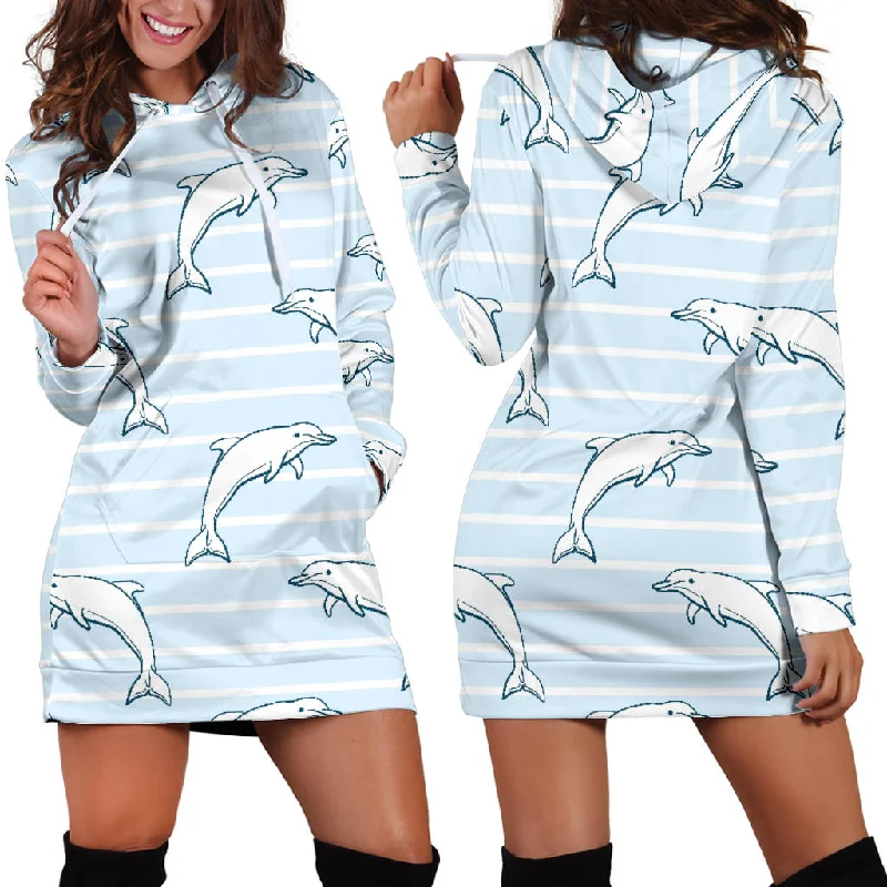 Dolphin Blue Striped Background Women'S Hoodie Dress