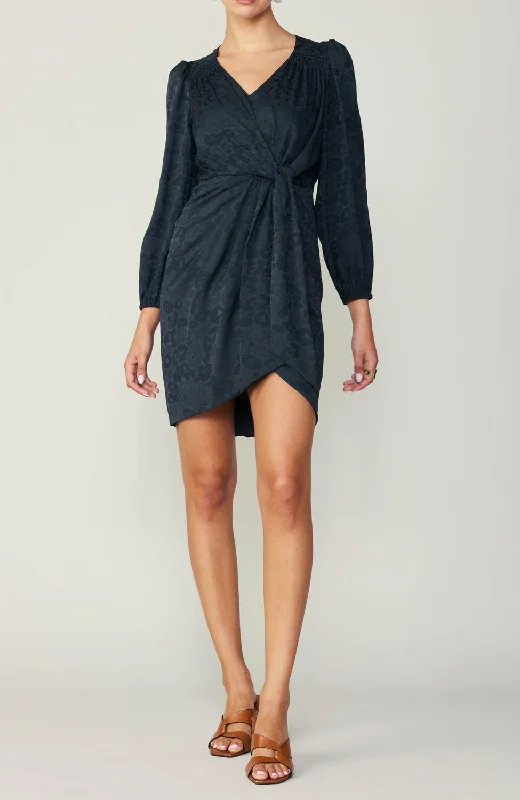 V-Neck Smocked Shoulder Dress In Charcoal