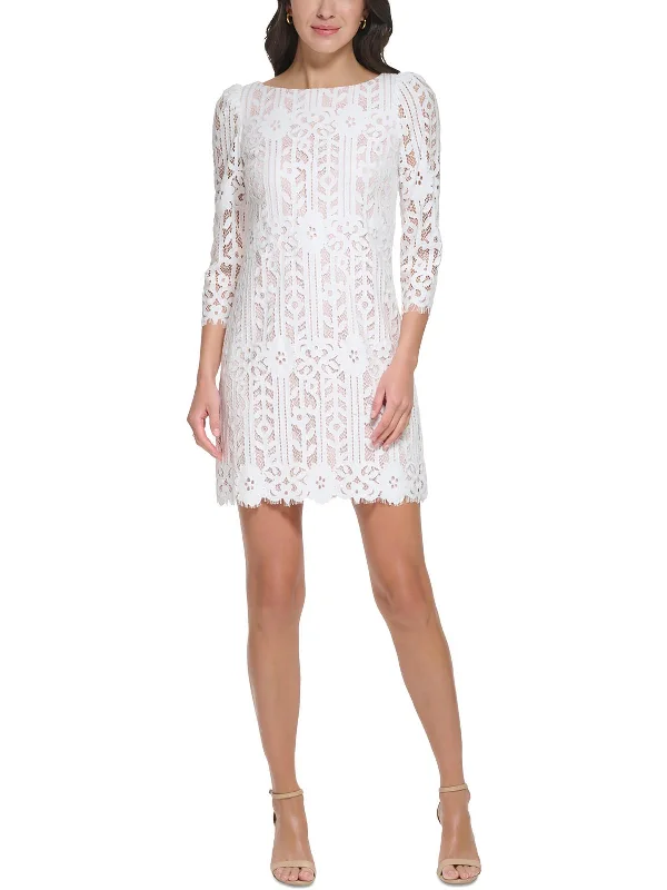 Petites Womens Lace Short Shift Dress