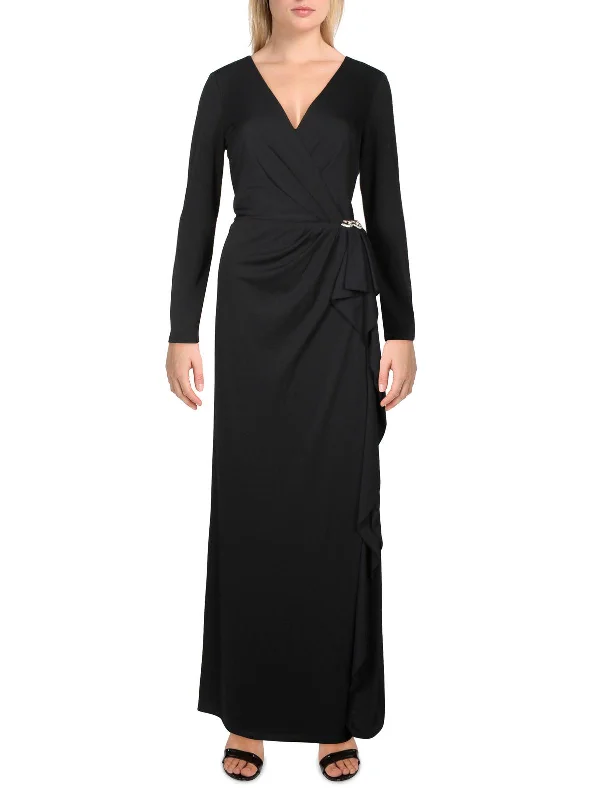 Womens Cascade Ruffle Long Evening Dress